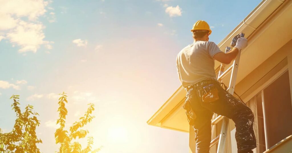 How to Plan Exterior Painting Project Around Hot Weather 1 man on ladder painting house in hot weather