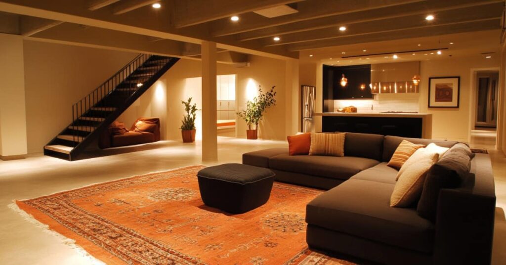 Painting Ideas to Spruce Up a Basement 1 a basement with rug, sofa and ceiling lighting