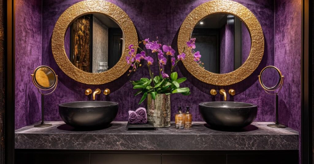 What's Up: The Hottest Paint Color Trends for 2025 2 amethyst purple power room with 2 sinks and 2 mirrors,. Paint Color Trends for 2025