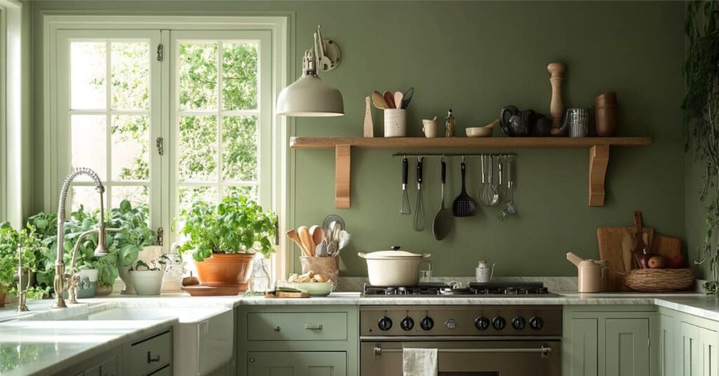 What's Up: The Hottest Paint Color Trends for 2025 4 kitchen with sage green walls. Paint Color Trends for 2025