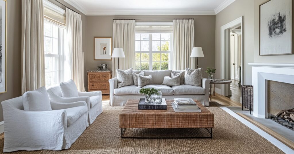 Spring 2025 Color Palettes: Bring Fresh Vibes to Your Home 4 living room, 2 sofas, coffee table, windows on 2 curtains, woven rug and fireplace