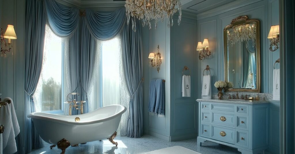 Spring 2025 Color Palettes: Bring Fresh Vibes to Your Home 2 powdery blue bathroom with window, draperies, tub, cabinet and mirror