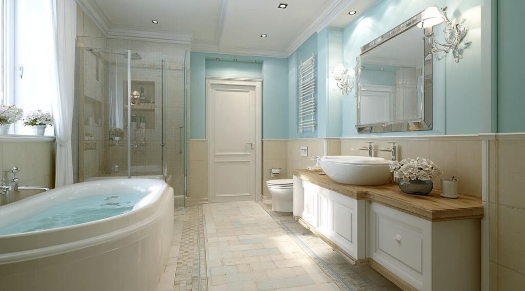 bathroom, tub, sink, cabinet, door, mirror concept of why Understanding Paint Finishes: Matte, Satin, Semi-Gloss, and More matters